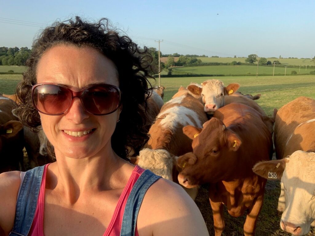 Helen Brookes with a herd of cows
