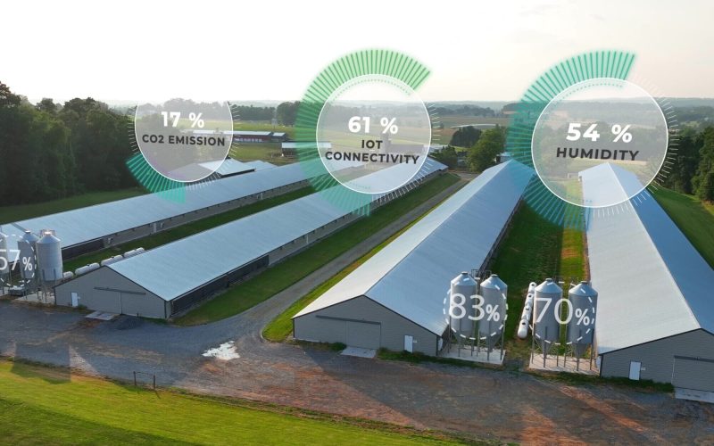 Chicken houses with overlay of data graphics on CO2, humidity, and IoT connectivity. Aerial of futuristic farming in USA with graphic data metrics